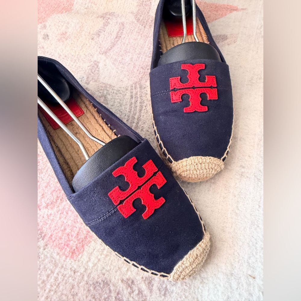 Tory Burch Navy Canvas Espadrilles with Red Logo